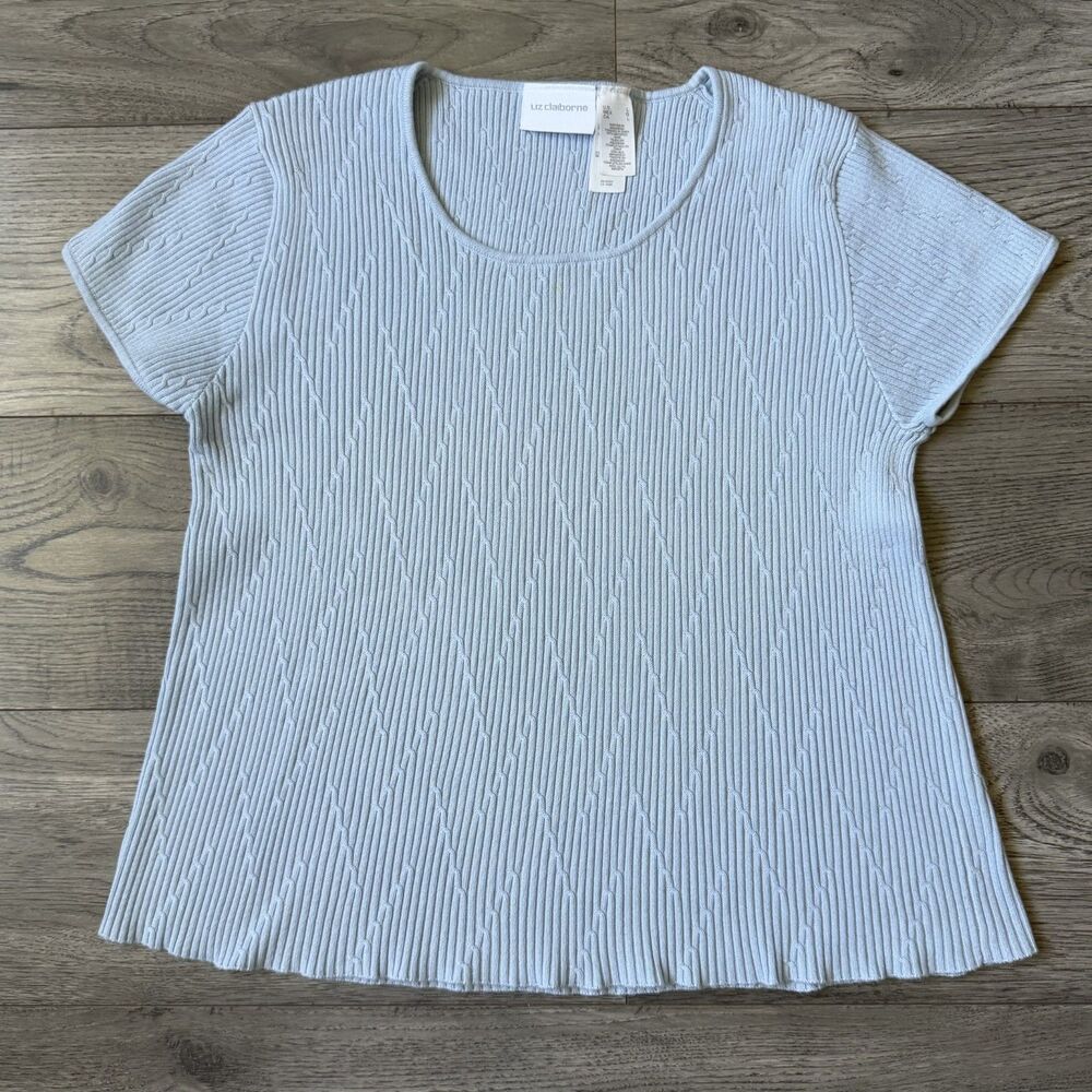VTG 90s Liz Claiborne Pastel Blue Short Sleeve Cable Knit Sweater - Size Large